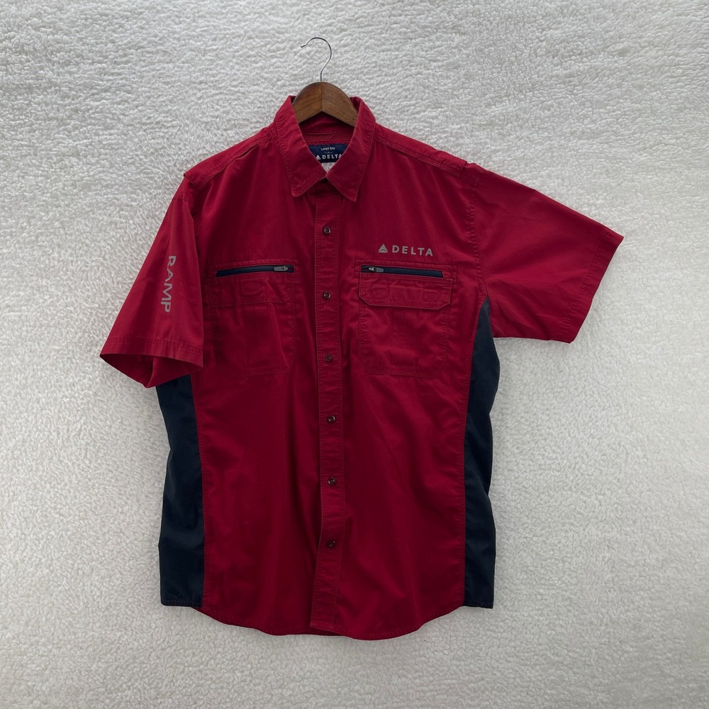 Lands End Delta Airlines Ramp Uniform Shirt Mens L Red Short Sleeve Button Up